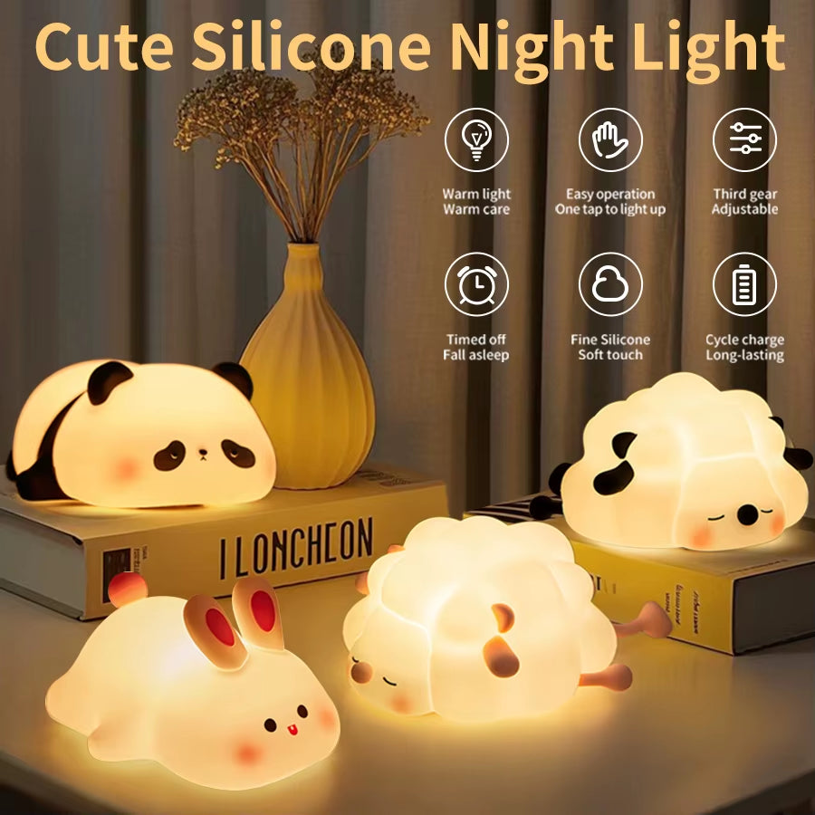 LED Night Light Cute Panda Sheep Rabbit Touch Silicone Nightlights USB Rechargeable for Bedroom Decoration Kids Birthday Gift